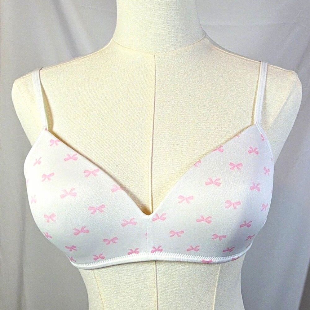 Women’s Wireless Bra White Pink Bow Pattern Adjustable Straps Hook & Eye Back